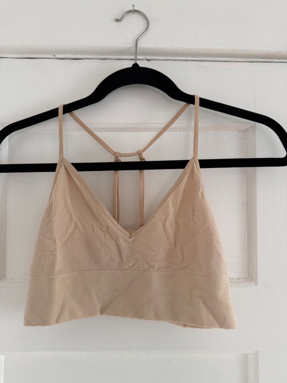 Anthropologie Neutral Beige Ribbed V-Neck Bralette with Strappy Back